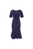 Dark Blue Fashion Slim V-neck Ruffled Dress