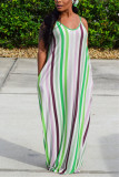 Green Fashion Casual Spaghetti Strap Sleeveless Slip Straight Floor-Length Rainbow Striped Casu