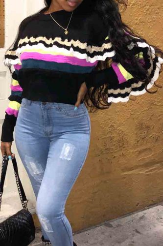 Black Sweet Color Striped Flounce Knitting Sweaters