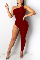 Wine Red Fashion Sexy Asymmetrical Solid Color Jumpsuit