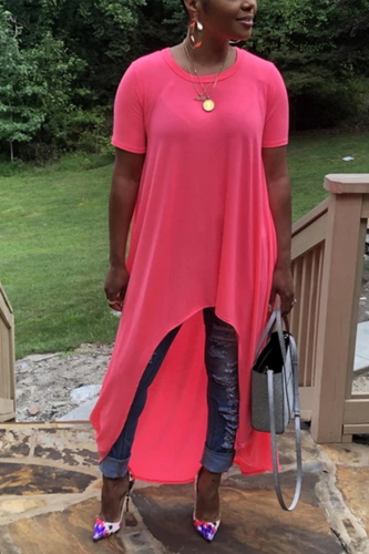 Rose Red Fashion Casual Loose Solid Irregular Dress
