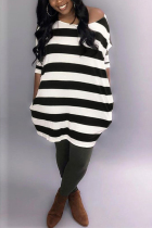 Black pastoral One Shoulder Long Sleeves one shoulder collar Step Skirt Knee-Length Print Stripe