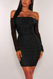 Black Fashion Celebrities Sexy Off The Shoulder Long Sleeves One word collar Step Skirt Mini Mes