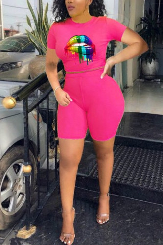 rose red Sexy Print Straight Short Sleeve Two-Piece Short Set