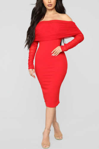 Red Fashion Long Sleeve Off Shoulder Dress