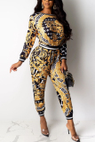 multicolor adult Casual Fashion Print Patchwork Two Piece Suits pencil Long Sleeve Two-piece Pants S