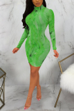 Green Fashion Sexy Cap Sleeve Long Sleeves O neck Hip skirt Knee-Length Print Patchwork