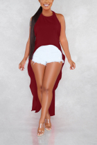 Wine Red Vintage adult Fashion Tank Sleeveless Slip Asymmetrical Ankle-Length chain backless Patchw