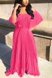 rose red Fashion Casual adult Sexy Off The Shoulder One word collar Pleated Floor-Length Solid Drap