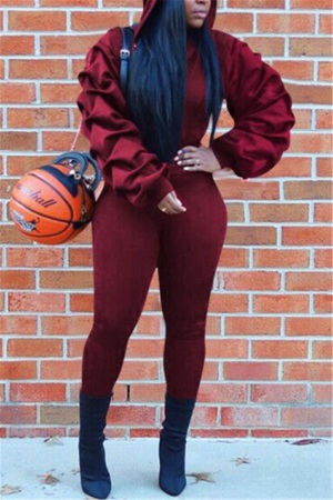 Wine Red Stylish Casual Lantern Sleeve Two-Piece Suit