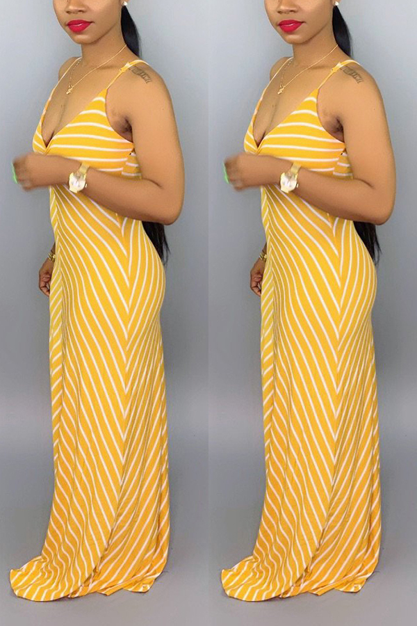 Yellow Sexy Fashion Sling Striped Printing Long Dress