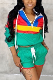 Green Casual Patchwork Sports Two-piece Set