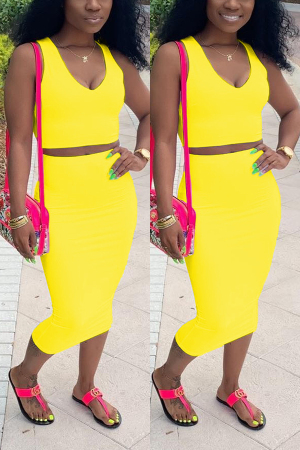 Yellow Sexy Fashion Patchwork Solid A-line skirt Two-Piece Dress