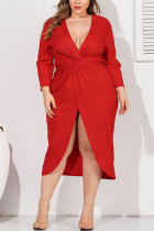 Red Sexy Standard Large Size V-Neck Pleated Design Slim Dress