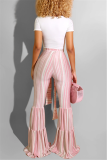 Pink Elastic Fly Sleeveless High Print bandage Striped Zippered Loose Pants