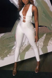 White Sexy Fashion Striped Solid Asymmetrical Sleeveless V Neck 