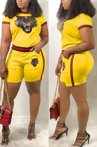 Yellow Tiger Head Paillette Webbing Patchwork Two-piece Set