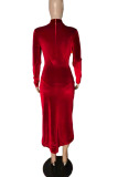 Red Elegant Solid Patchwork Fold Asymmetrical Half A Turtleneck Long Sleeve Two Pieces