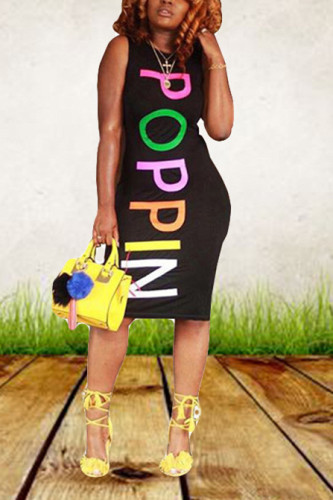 Black Trendy Letter Printed Sleeveless Dress