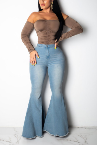 Blue Denim Button Fly Zipper Fly High Zippered Solid washing Pocket Boot Cut Pants Pants