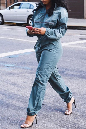 Blue Casual Two Piece Suits contrast color Solid Straight Long Sleeve Two-piece Pants Set