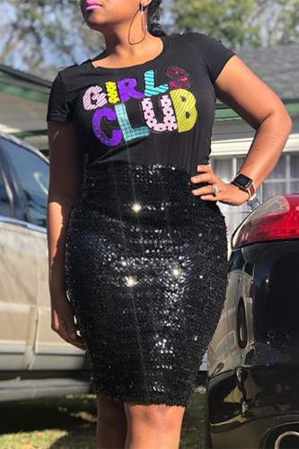 Black O Neck Short Sleeve Patchwork Sequin Print Tees & T-shirts
