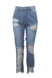 Blue Denim Button Fly Sleeveless High Hole Patchwork washing Solid Old Straight Pants Pants