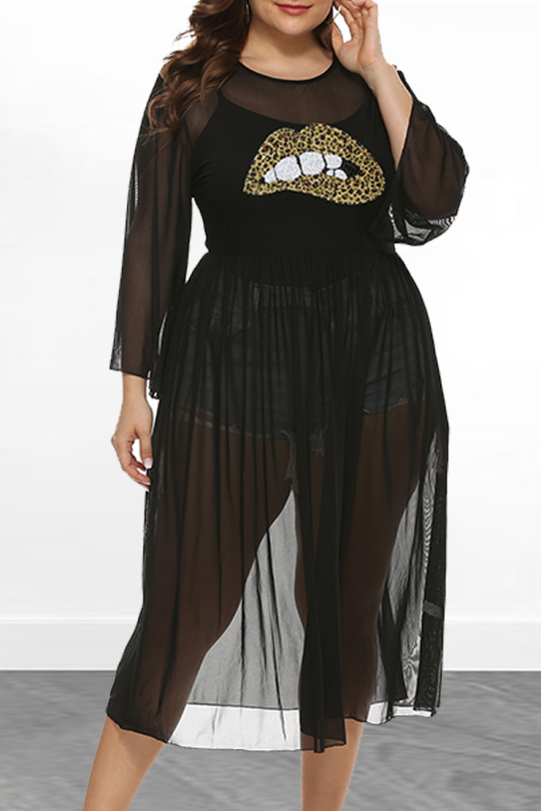 Black Fashion Sexy Mesh Sequins Lip Dress (Only Dress)
