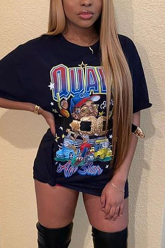 Black Fashion Casual Printed Short-sleeved T-shirt Dress