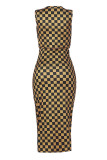 Brown Street Fashion adult Plaid Print Two Piece Suits pencil Sleeveless Two-Piece Dress