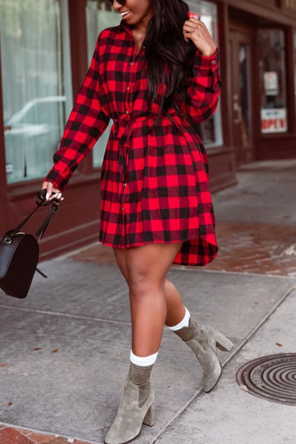 Red Casual Turdown Collar Button Plaid Dress (With Belt)