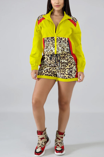 Yellow Casual Fashion Sports Leopard Stitching Two-Piece Suit