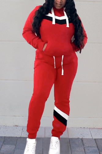 Red Casual Stripes Stitching Hooded Sweater And Trousers Two Piece Suit
