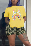 YellowBlack Fashion Casual Printed Short Sleeve Shorts Set