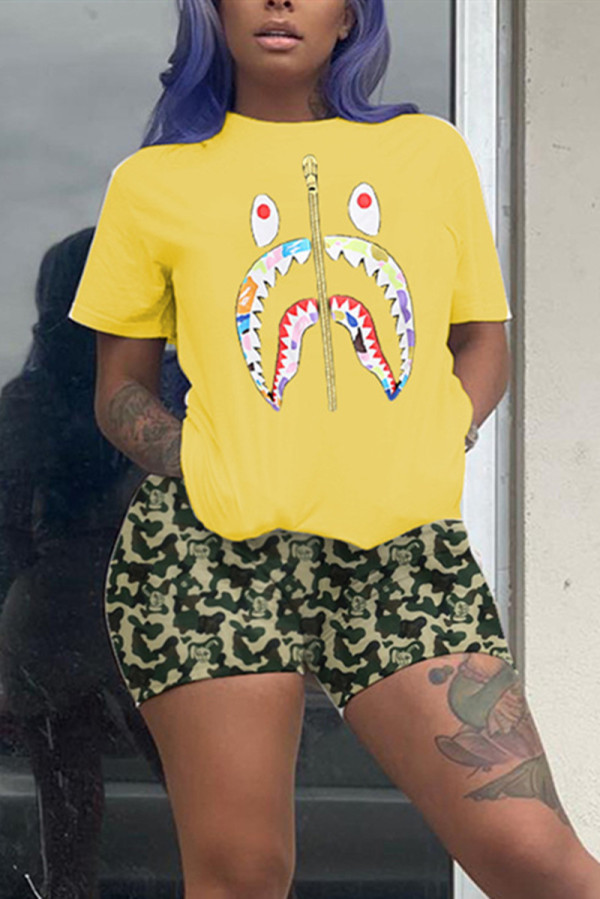 YellowBlack Fashion Casual Printed Short Sleeve Shorts Set