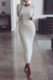 White Fashion Long Sleeve Pleated Bag Buttock Dress