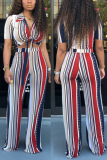 Blue Sexy Fashion Bandage Two Piece Suits asymmetrical Striped crop top Skinny Short Sleeve Tw