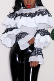 White O Neck Long Sleeve ruffle Solid Patchwork Tees & T-shirts