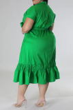 Green Casual Solid Patchwork Fold With Bow V Neck A Line Plus Size Dresses