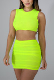 FluorescentYellow Sexy O Neck Vest Short Skirt Two-piece Set