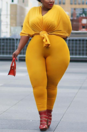 Yellow Casual V-Neck Solid Color Large Size Two-Piece Suit