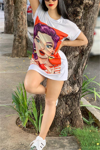 White Fashion Printing Short Sleeve T-Shirt Dress