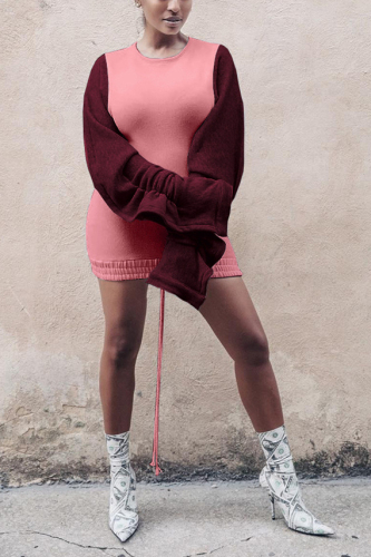 Red Casual Bubble sleeves Long Sleeves O neck Hip skirt skirt ruffle Solid hollow out Patchwor