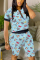 White Fashion Casual Printed Short Sleeve Shorts Set
