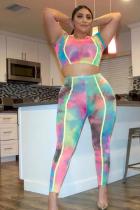 Multi-color Sexy Fashion Tie Dye crop top Two Piece Suits asymmetrical Skinny Short Sleeve Two-Piece