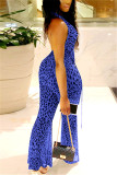 Blue Fashion Sexy Print Mesh Backless Perspective Jumpsuit