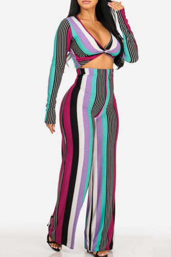 Multi-color Casual Striped Blending Two-piece Pants Set