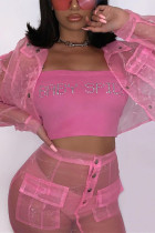 Pink Fashion Casual Gauze Buckle Two-Piece Set