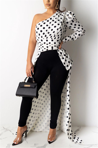 White One Shoulder Collar Long Sleeve asymmetrical Dot Print Slim fit Patchwork Long Sleeve Top