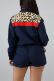 Navy Casual Fashion Sports Leopard Stitching Two-Piece Suit